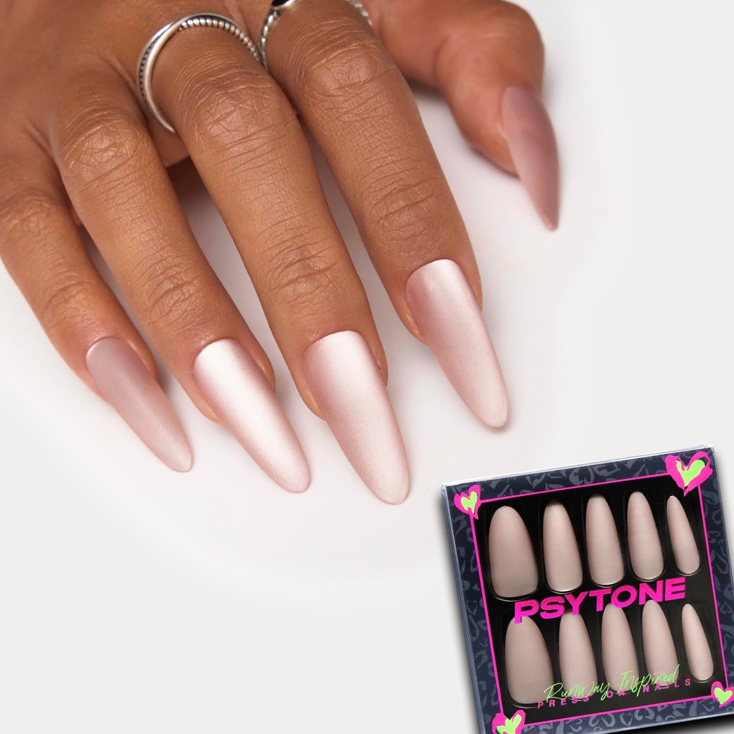 PSYTONE Matte Cat Eye Long Stiletto Press On Nails|15 Sizes - 30 Nail, Frosted Nude Pink Reusable Fake Nails Kit with Glue & Tools, Velvet Matt Finish for Women, Wedding, Daily Wear