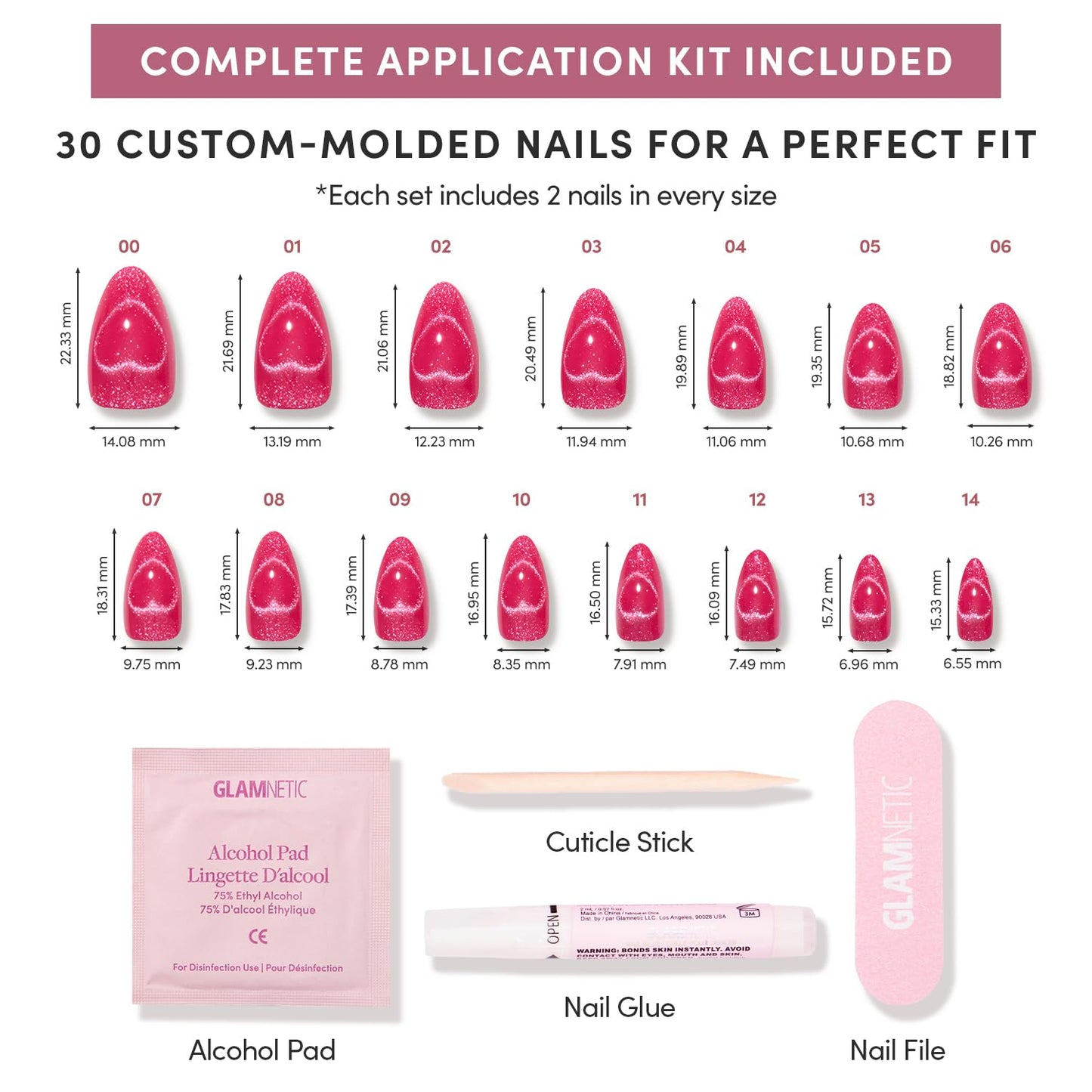 Glamnetic Press On Nails - Text Me Back | Short Almond Fake Nails in Hot Pink with Cat-Eye Magnetic Heart Designs in a Velvet Finish | 15 Sizes - 30 Nail Kit with Glue