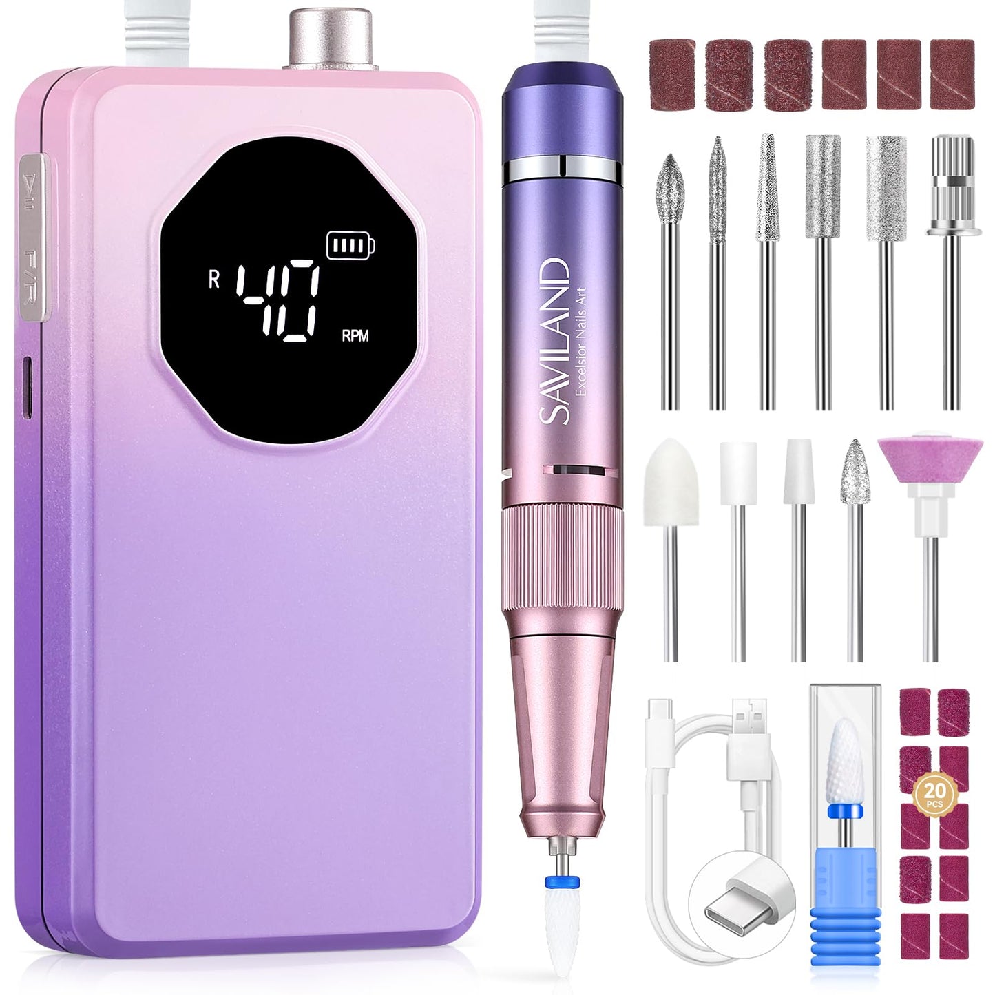 SAVILAND 2026 Nail Drill Professional: 40000RPM Electric Nail Drill 30S Fast Removal for Acrylic Nails Low Noise Electric Nail File Long-Lasting Manicure Pedicure Mobile Tech & Salon (Gradient Purple)
