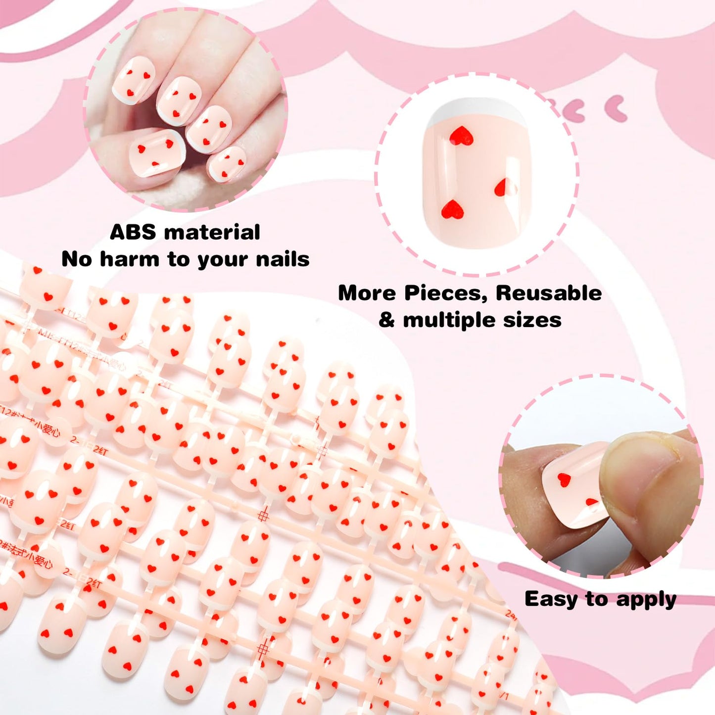 SIUSIO 120pcs 5 Pack Children Acrylic Fake Nails Press on Full Cover Short False Nail Art Kits Set Surprise Gift for Kids Little Girls Women - Red Tiny Hearts