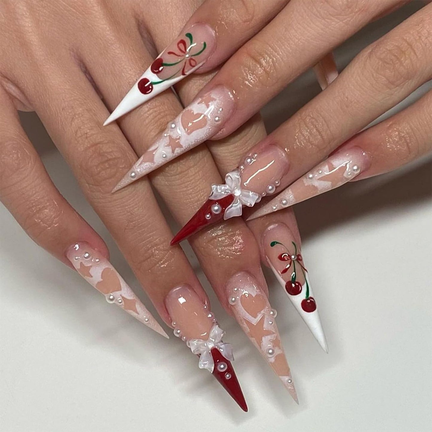 IMRAIN Long Press on Nails Stiletto Red French Tips Fake Nails Full Cover Glossy Acrylic Nails Press ons Cute Cherry & Bow Designs Glue Stick on False Nails for Women 24Pcs