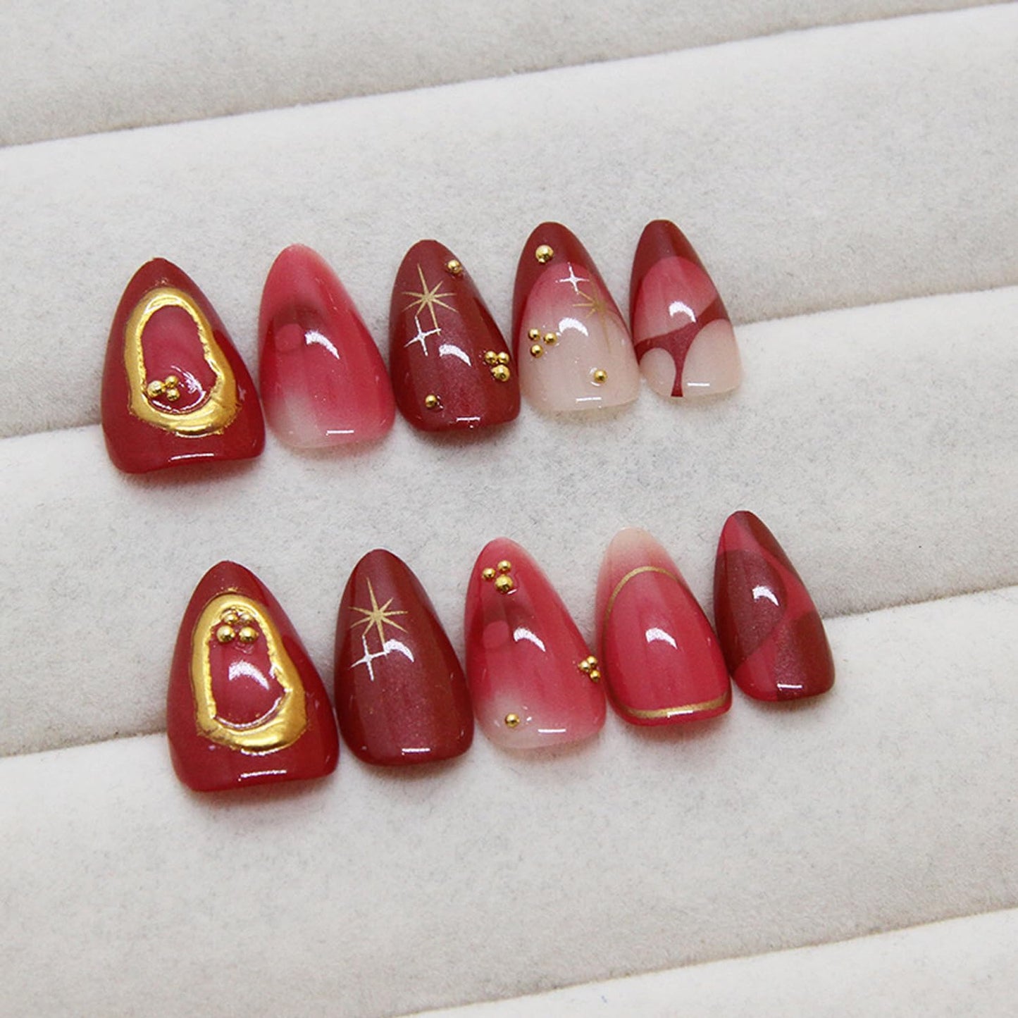24Pcs Deep red Press on Nails Medium Almond Fake Nails with 3D Texture Gold Design French Nails Gold Star Bead Stick on Nails Y2K Golden Line Ombre False Nails Punk Artificial Glue on Nails for Women