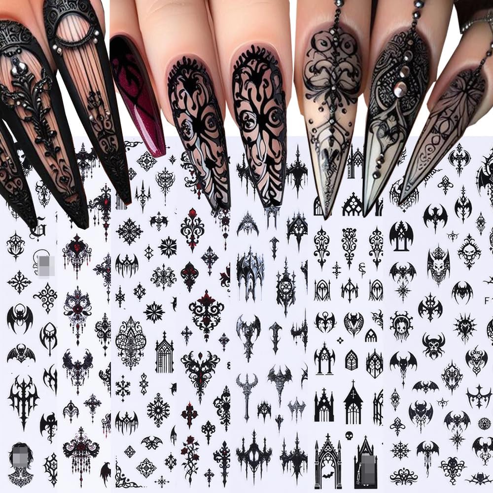 7 Sheets Black Gothic Nail Stickers for Nail Art, 3D Self-Adhesive Witchy Halloween Nail Decals, Nail Supplies Nail Art Designs Accessories for Women and Girls Manicure DIY Decoration