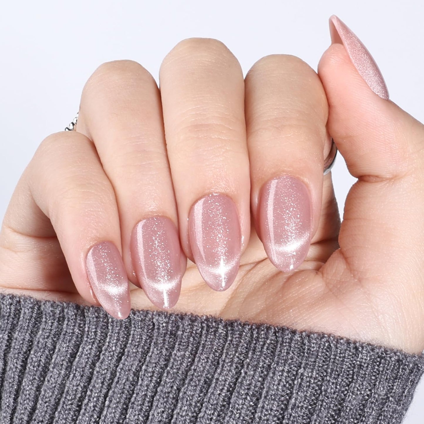 Cat Eye French Tip Press On Nails Almond - Pink Short Almond Fake Nails, Nude Pink Cateye Press On Nails Reusable Stick On Nails in 16 Sizes, 32pcs False Nail Kit for Women & Girls (Chantilly)