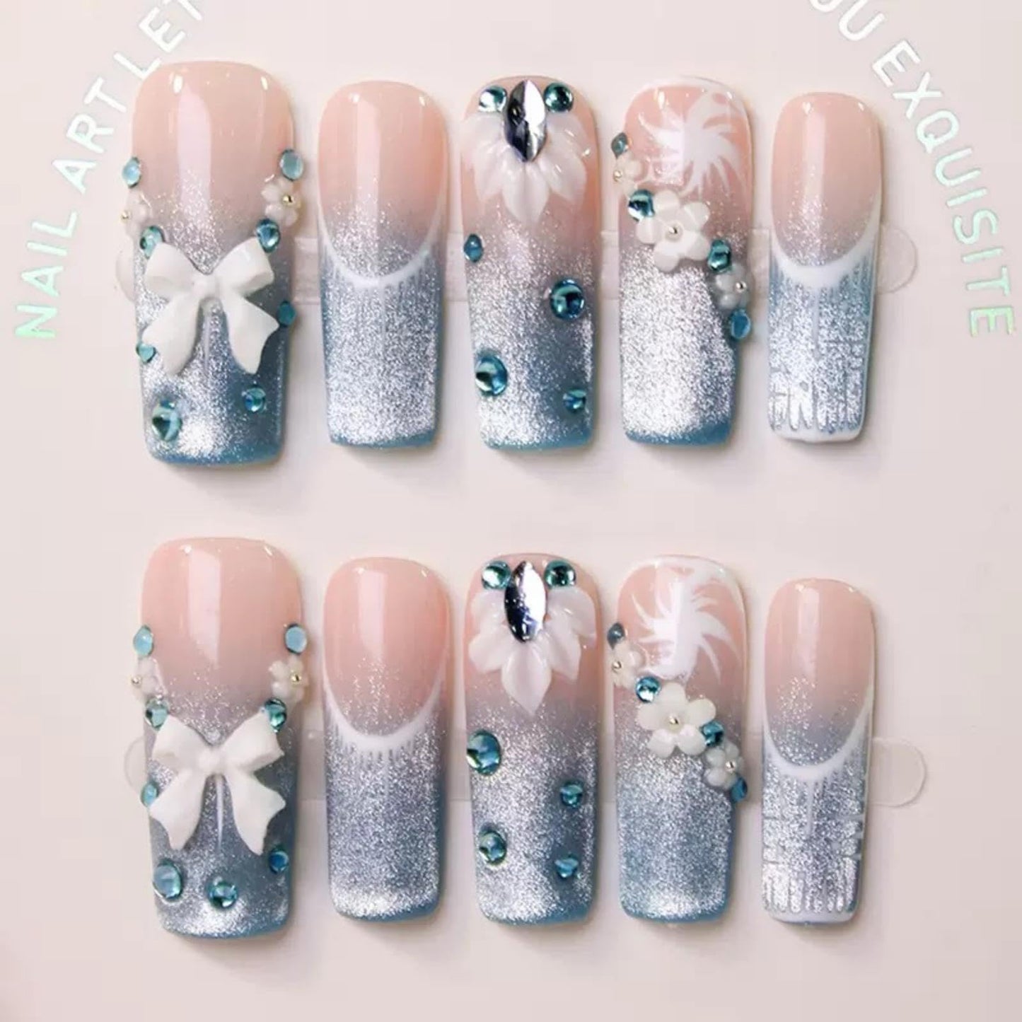100% 5D Handmade Press on Nails Ombre Blue Fake Nails with Bow Charms Long Square Nails Press ons- French Tips False Nails Glitter Press on Nails for Women Girls Daily Wear DIY Manicure Size M