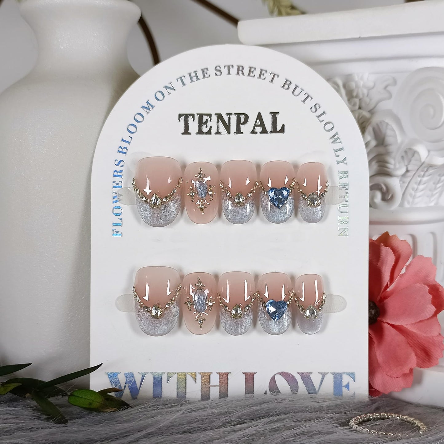 TENPAL Handmade Press on Nails Short Oval- Icy Blue French Tips Fake Nails with Cat Eye Designs, Glitter Glossy False Nails Kits for Women,Cute Sheer Stick on Nails for Daily Wear(M)