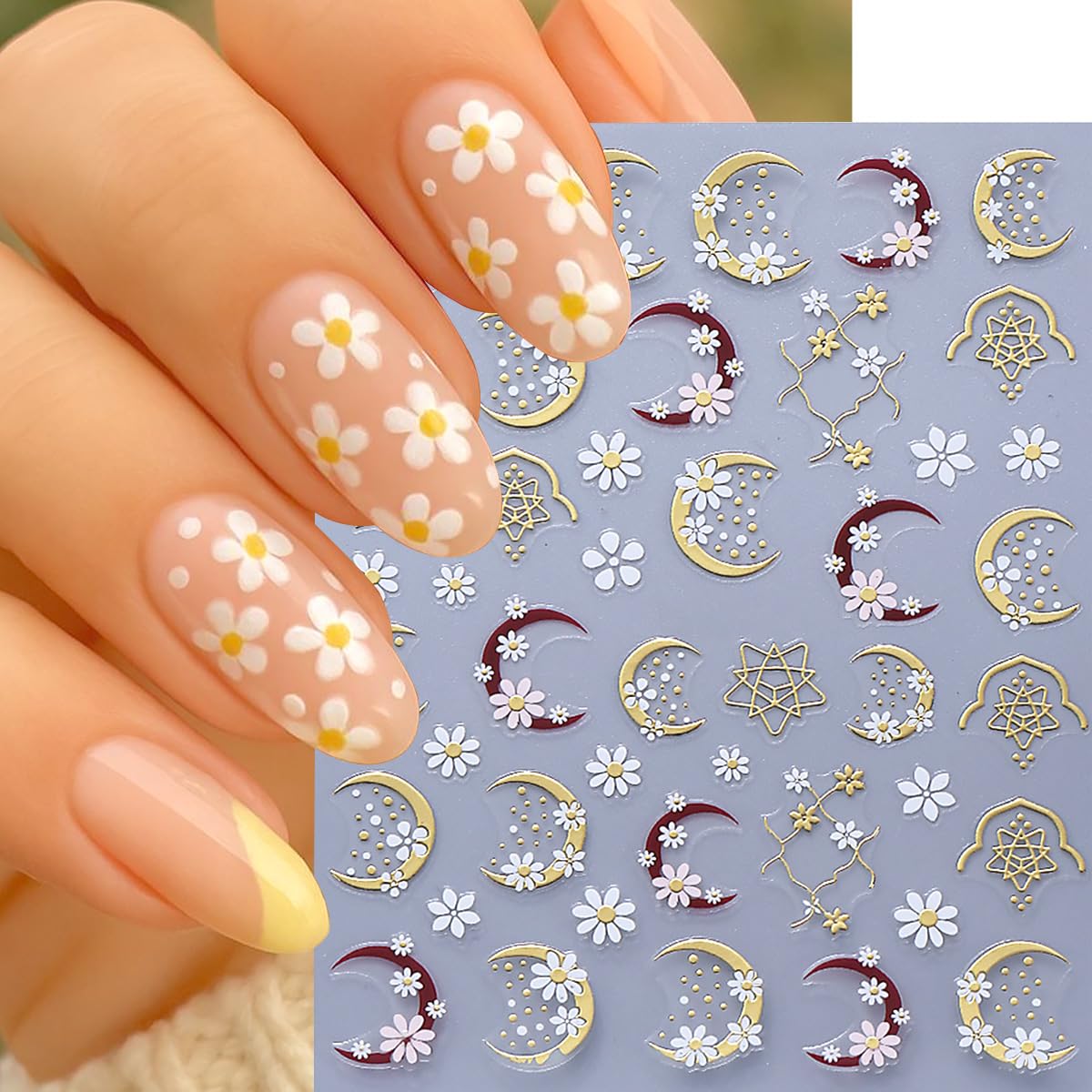 4 Sheets Flower Nail Stickers for Nail Art Pink Yellow Daisy Nail Decals Glitter Gilding Moon Nail Design Stickers 3D Self-Adhesive Flower Acrylic Nails Art Supply for Women Manicure Decorations Tips