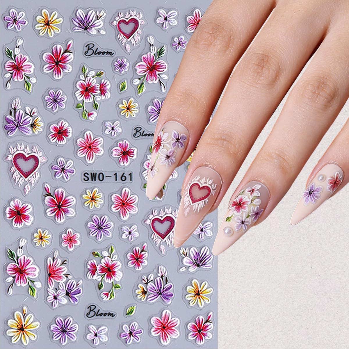 4 Sheets Pink White Flower Nail Art Stickers 3D Embossed Flowers Butterflies Hearts Nail Decals Cute French Floral Nail Stickers for Women Spring Summer DIY Nail Decorations