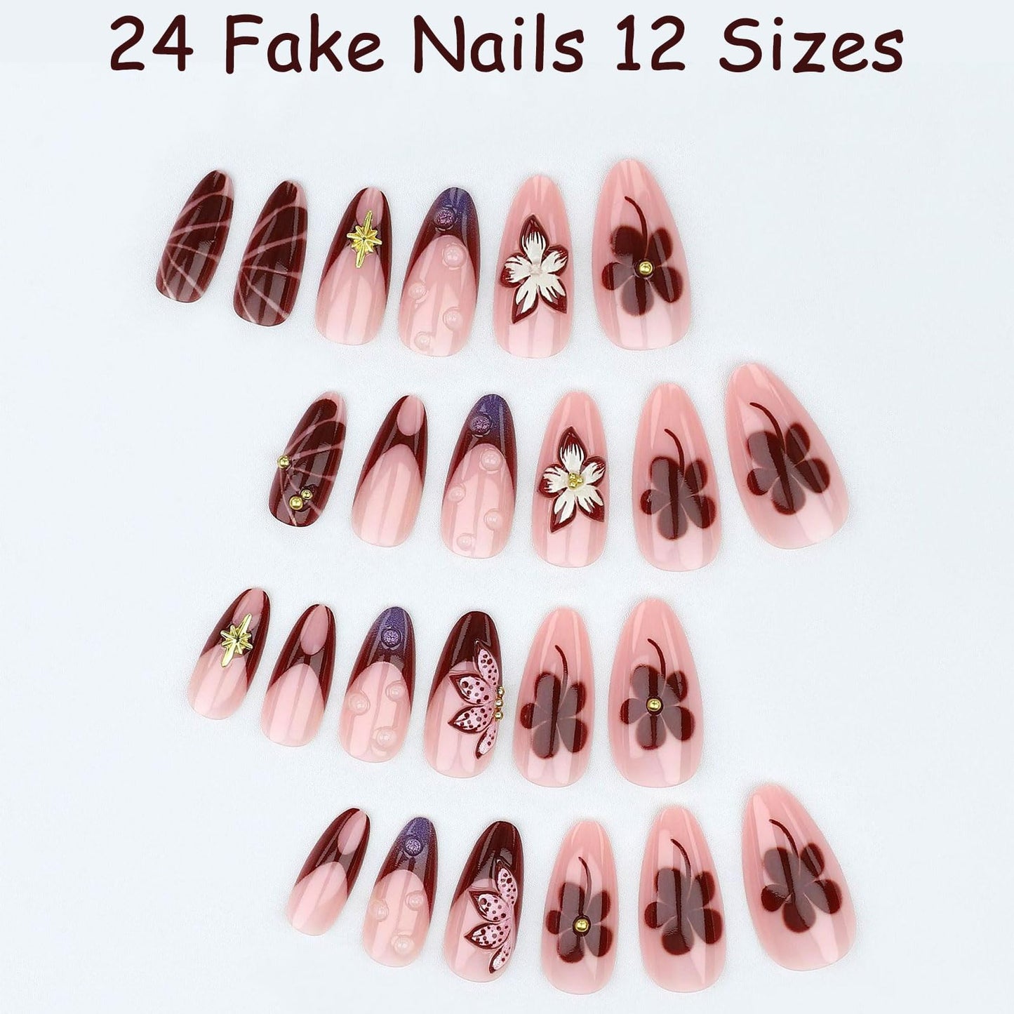 24Pcs Summer Red Press on Nails Medium Almond, 3D Floral Designs, Glossy Full Cover Fake Nails, Reusable Glue on Nails with Acrylic Effect,Nude Nails Press ons for Women