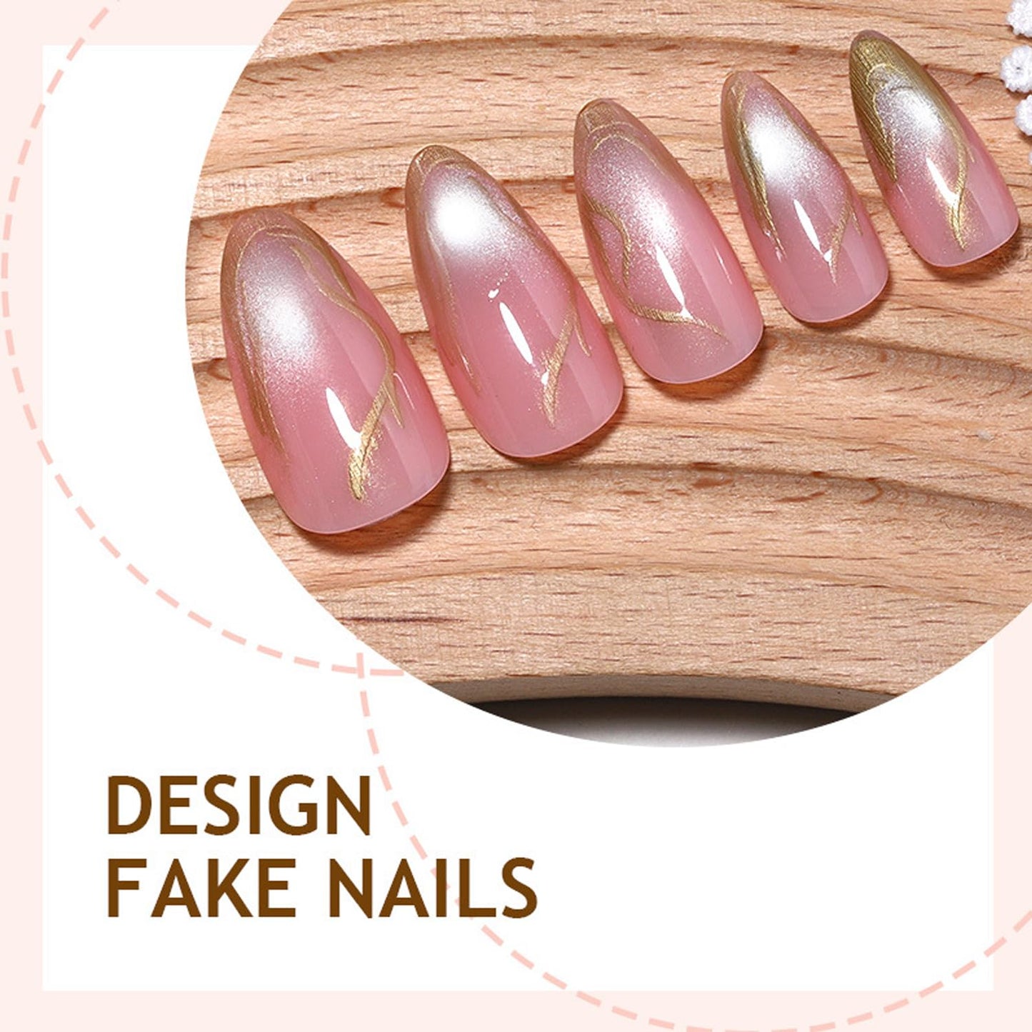 24Pcs Medium Almond Press on Nails - 3D Gold Irregular Line Design Fake Nails Gilded Line French False Nails Chrome Gold Stick on Nails Glitter Full Cover Pink Glossy Artificial Acrylic Nail for Women