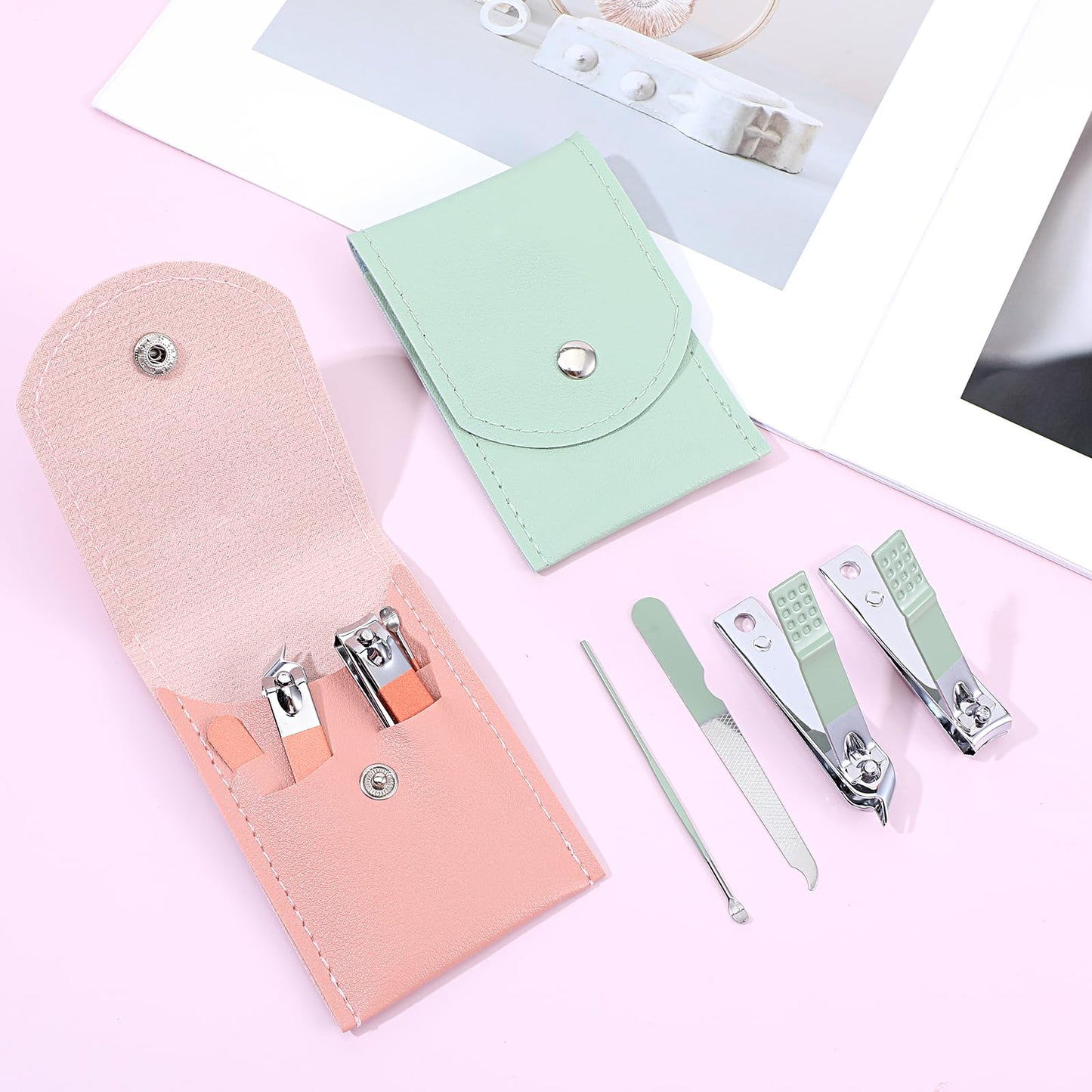Lemecima 24 Sets Travel Manicure Kit, 4-in-1 Nail Clippers Bulk with PU Leather Case - 12 Pink & 12 Green Individually Wrapped Portable Nail Care Sets for Personal & Professional Use