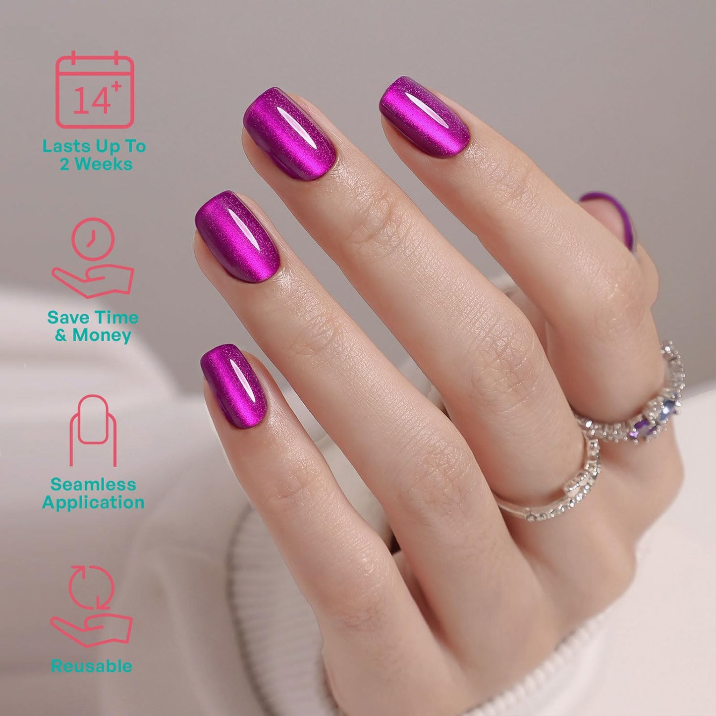 Royal Purple Cat Eye Press on Nails Short Square - GJZEZ Soft Gel Magenta Pink Violet Plum Cateye Fake Nail Press Ons Gift for Women, Salon Quality Reusable Nails in 16 Sizes & 32Pcs, Electric Fuchsia