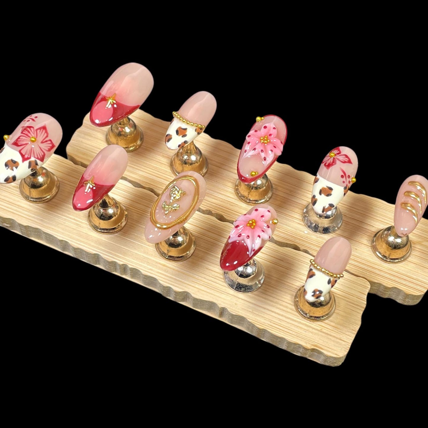 Handmade Press on Nails, Medium Almond Shape, 3D Floral Design with Gold Accents, Leopard Print Acrylic False Nails (Gilded Feline, M)