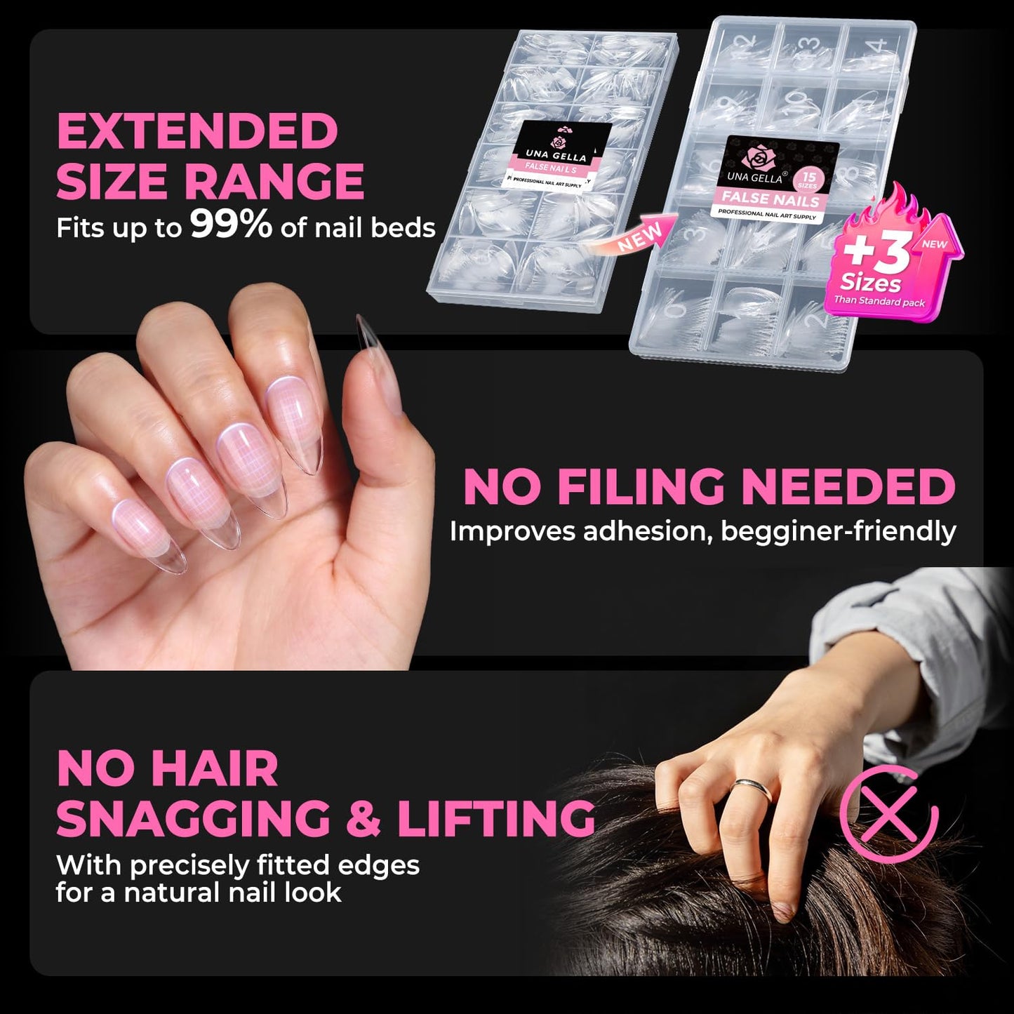 UNA GELLA Almond Nail Tips 360Pcs, 15 Sizes No Filing Needed Soft Gel Medium Almond Nail Tips Clear Full Cover, Pre-Etched Fake Nails, Soak Off Acrylic Extensions for DIY Manicure