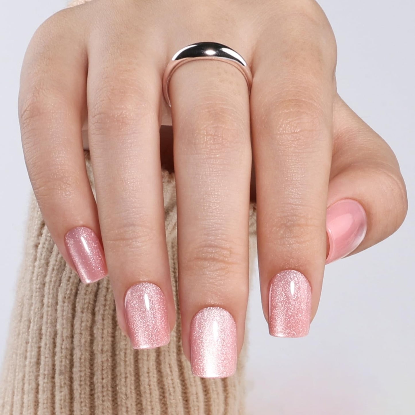 Cat Eye Press On Nails Square - Pink Short Square Fake Nails, Cateye Press On Nails Reusable Stick On Nails in 15 Sizes 30pcs False Nail Kit for Women & Girls (Fairy Pink)