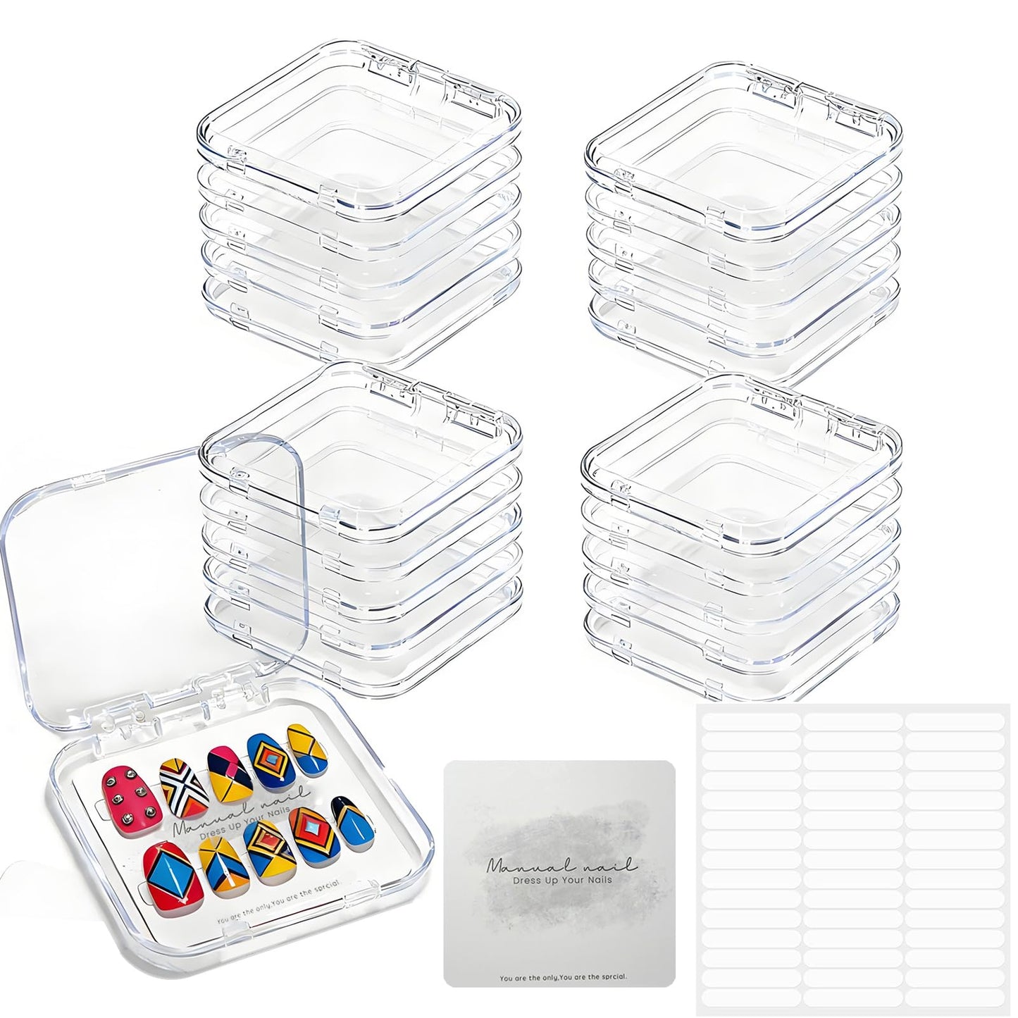 ITQUTC 20 Pack Press on Nail Packaging Kit - Clear Press on Nail Boxes with Cards and Adhesive Tape, Professional Nail Case for Small Business and Storage DIY Nail Projects