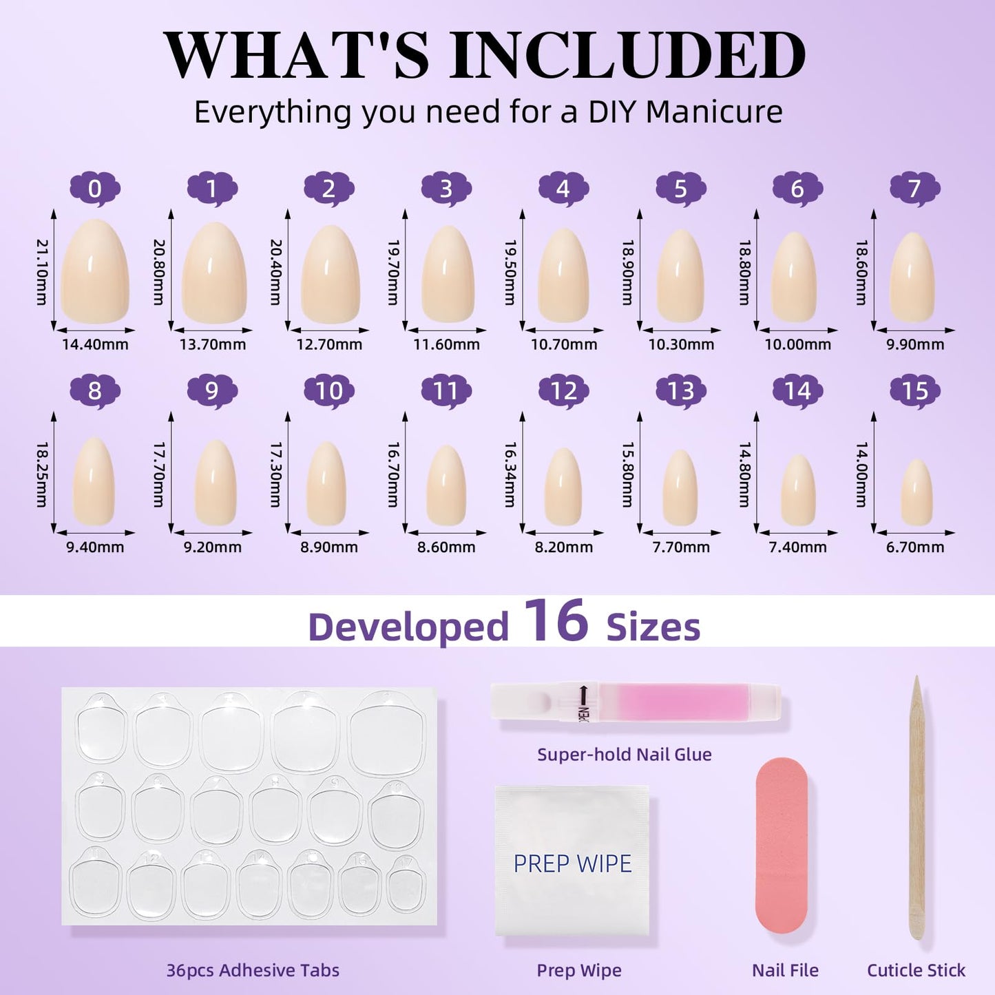 Ombre Press On Nails Short - Almond Ombre French Tip Press On Nails, Reusable Fake Nails Kit with Glue, 32 Nails in 16 Sizes | Salon Quality