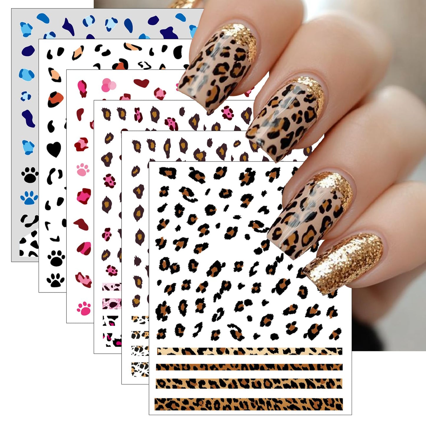 6 Sheets French Leopard Nail Stickers 3D Self-Adhesive Pink Brown Leopard Nail Designs Colorful Animals Suitable for Women Girls DIY