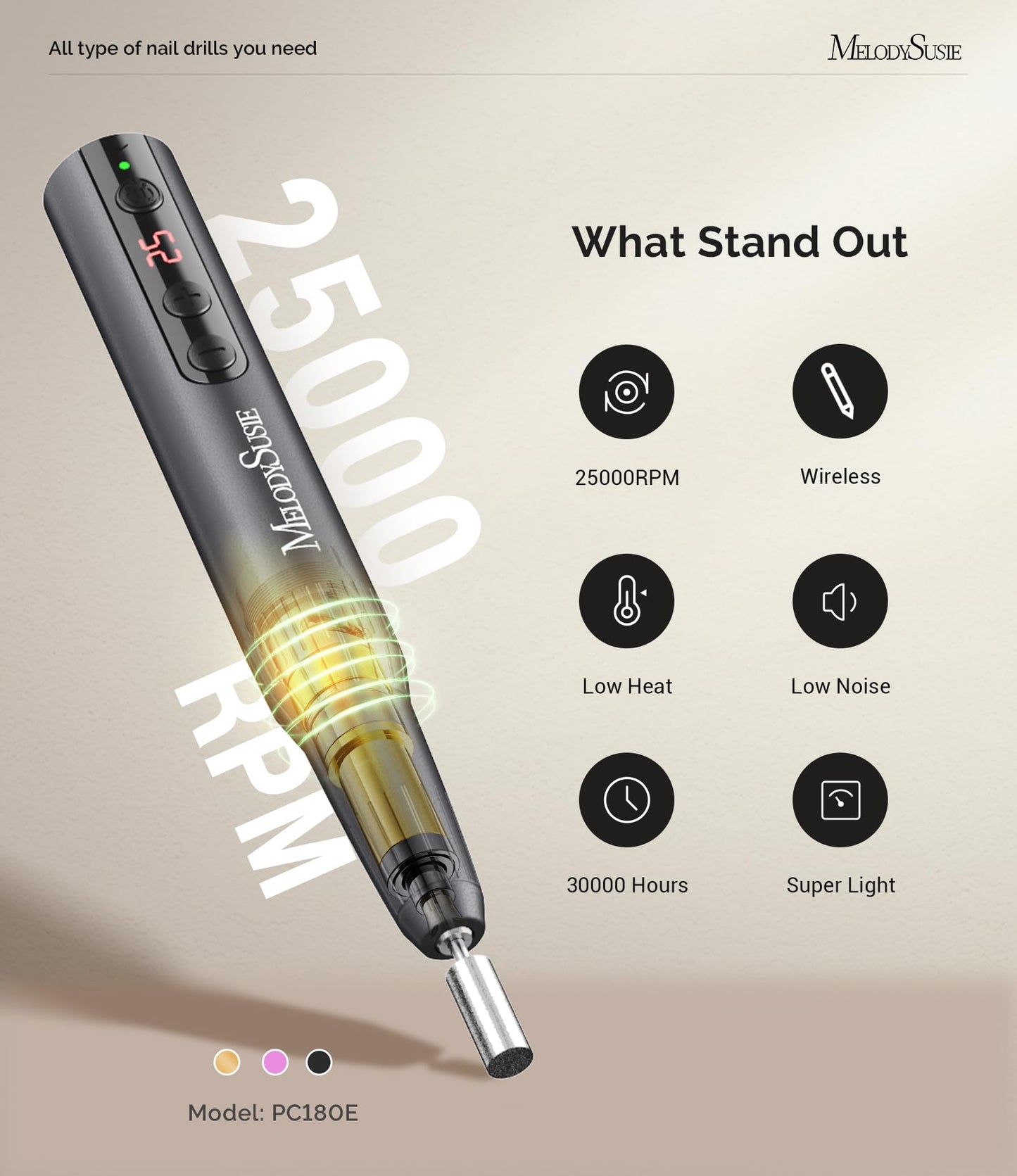 MelodySusie Pen-Shaped Portable Cordless Nail Drill, PC180E 25000RPM Rechargeable Electric File with LED Display for All Nail Care, Manicure Shaping & Acrylic Gel Removal for Nail Artists DIY at Home