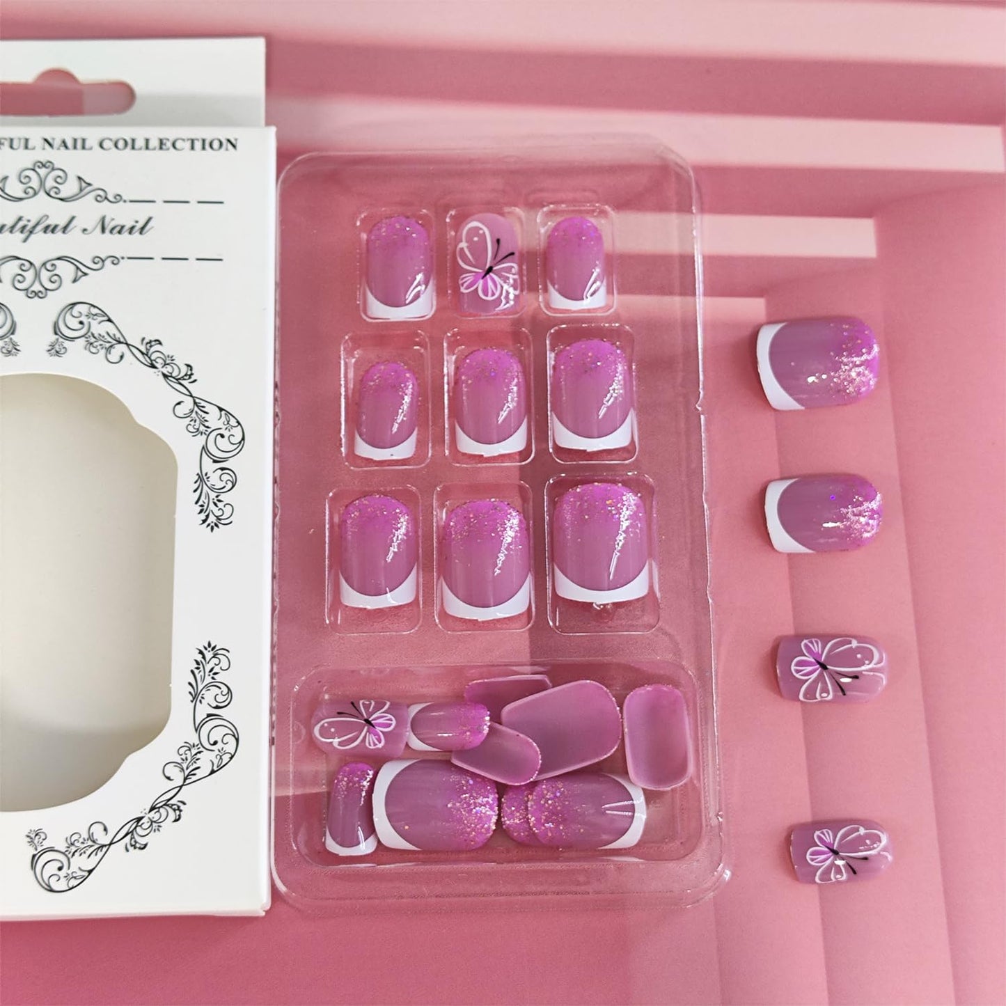 White French Tip Press on Nails Short Square Fake Nails with Butterfly Glitter Designs Summer Glue on Nail Reusable Artificial Extra Short Acrylic Full Cover Stick on Nail for Wedding Women 24 Pcs