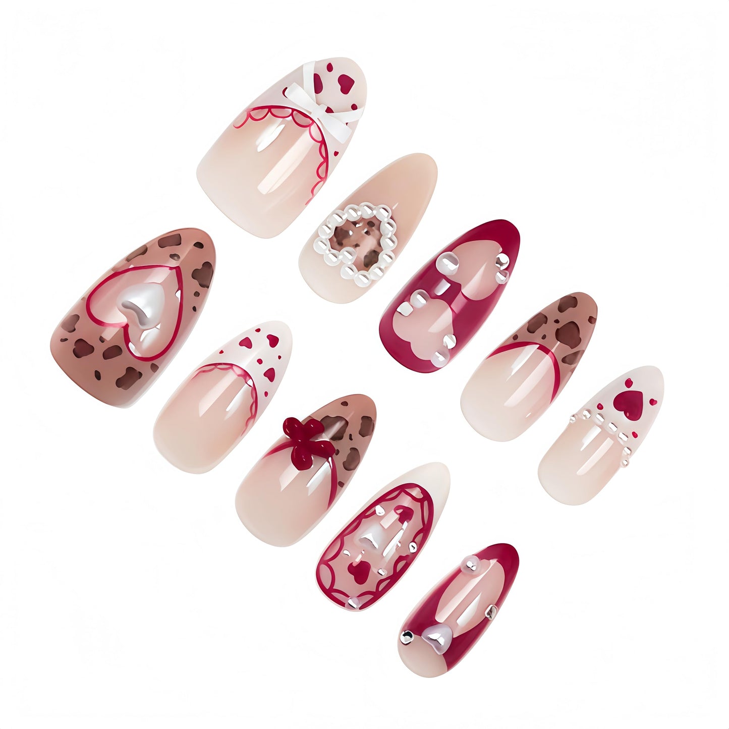 30pcs Valentine's Press On Nails Set Medium Almond Fake Nails 3D Love Bow Pearl Gems Beads Rhinestones Design Leopard Print French False Nails Y2k Handmade Holiday Nail Heart Glue on Nails for Women
