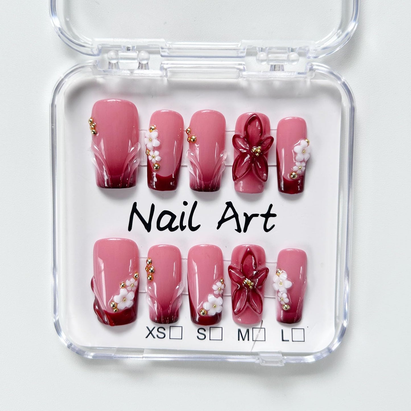 Handmade Press On Nails Medium Square 3D Flower Gold Beads Burgundy French Tip Pink Full Cover False Nails Acrylic Stick on Nail for Women Daily Date Party, 10Pcs (M)