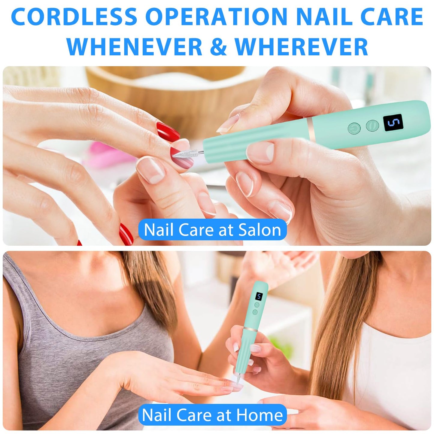 Cordless Electric Nail Drill with 360° Ring Light, Portable Nail File Kit for Acrylic, Gel Nails, Portable Home Manicure Kit for Manicure and Pedicure(Turquoise)