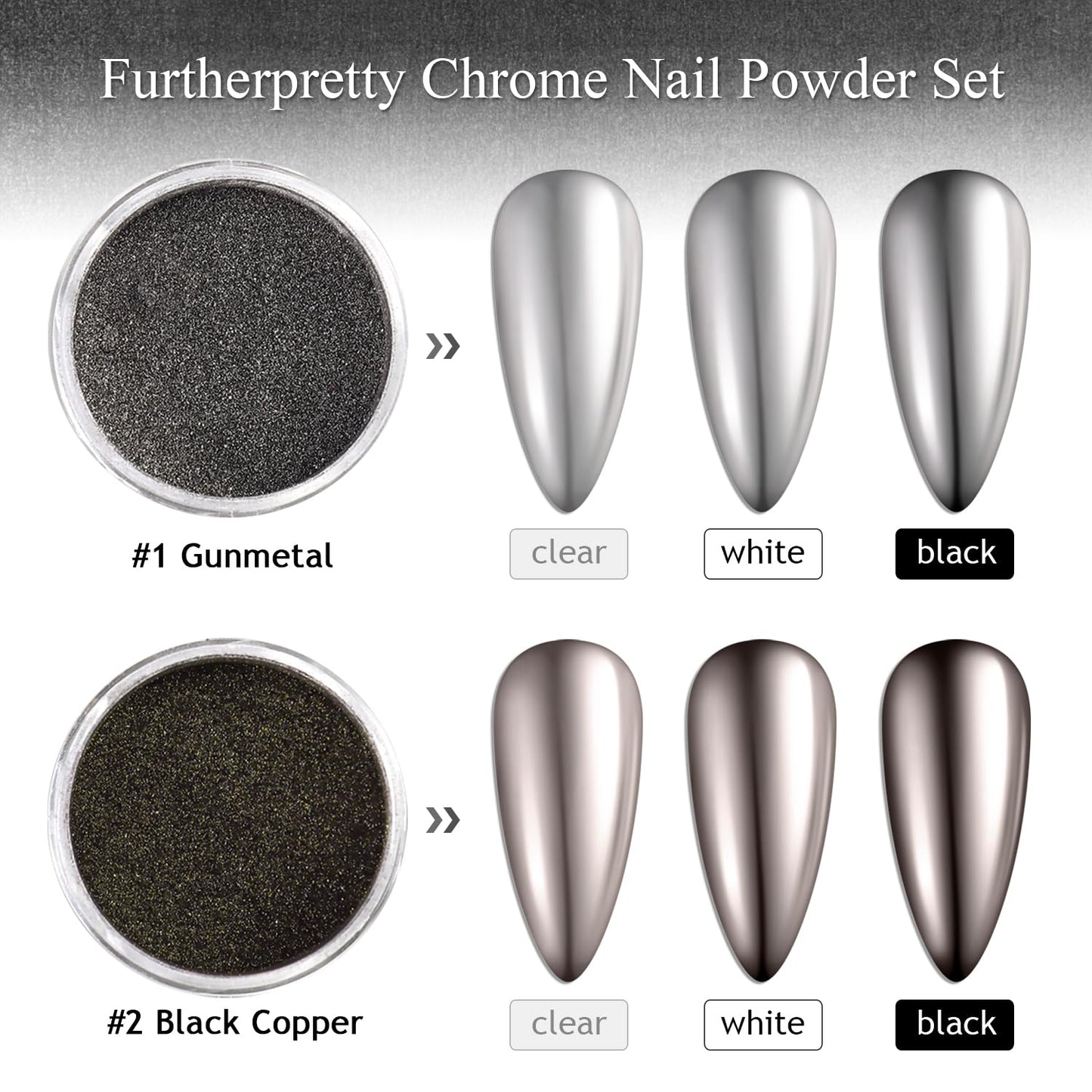 Furtherpretty Black Silver Bronze Chrome Nail Powder Set, Gunmetal Chrome Pigments for Goth Armor Nails, Metallic Mirror Effect Nail Powder for Y2K Punk Nail Art & Manicure Decoration Accessories