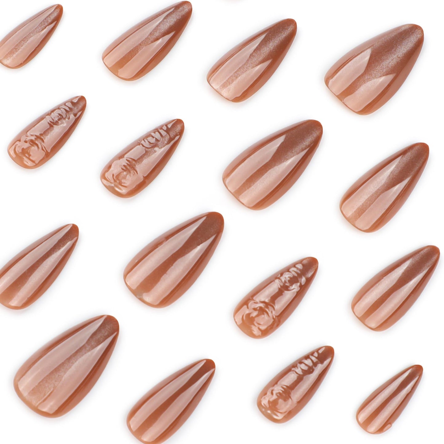 XZMeiLun Brown Cat Eye Press On Nails Medium Almond – 3D Flower Acrylic Fake Nails, Opaque Glitter & Chrome Gel Design, Reusable with Glue-On Stick for Fall, Long-Lasting Fall Nails for Women