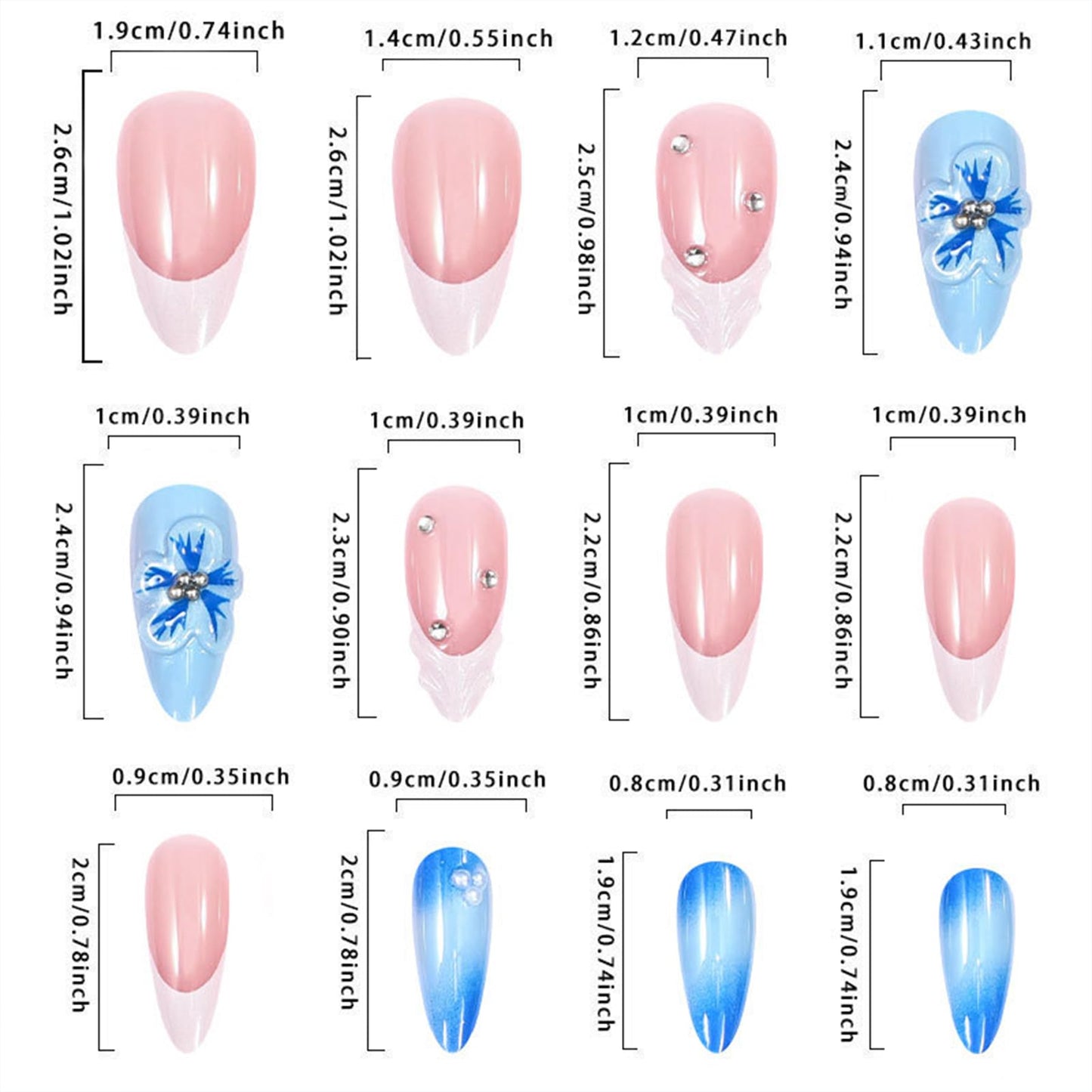 Summer Press on Nails Medium Almond Fake Nails with 3D Floral Rhinestone Design Blue Flower False Nails Press ons White French Artificial Acrylic Stick on Nails for Women Girls Maicure