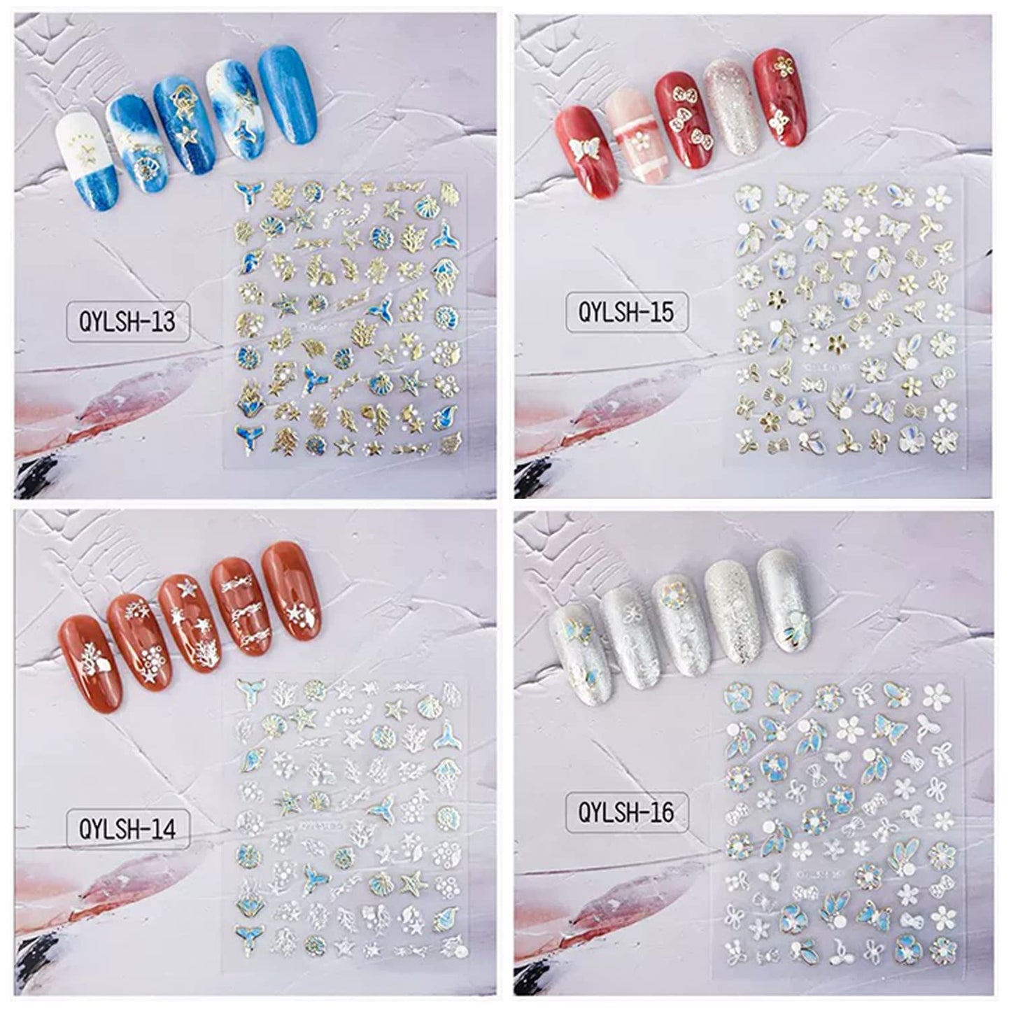 Zoance 20 Sheet 5D Embossed Nail Art Stickers,Luxury Gold Silver Nail Decals Self-Adhesive Metallic Leaves Flower Butterfly French Nail Stripe Line Stickers for Women Salon Home DIY Nail Supplies