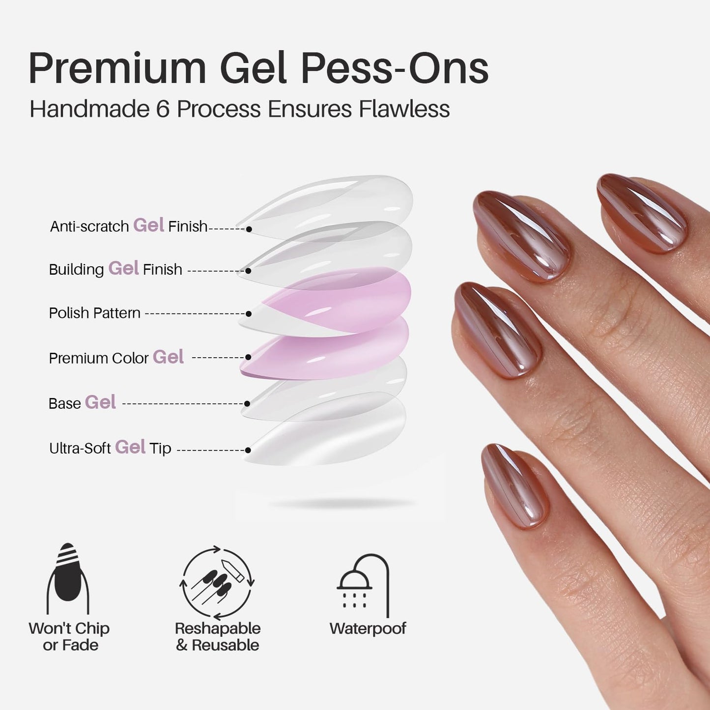 Brown Press on Nails Short - SHANGMENG Soft Gel Almond Chrome Press on Nails for Women, Glossy Glue on Nails with Glue, 16 Sizes - 32 Reusable Fake Nails Kit, Molten Mocha