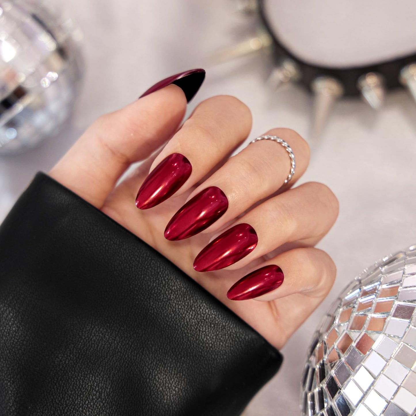 VSALON Press On Nails Almond, 32 Pcs 16 Sizes Red Press On Burgundy Chrome Metallic Medium Fake Nails With Glue & Cuticle Oil, Reusable Stick On Nails False Nails Kit