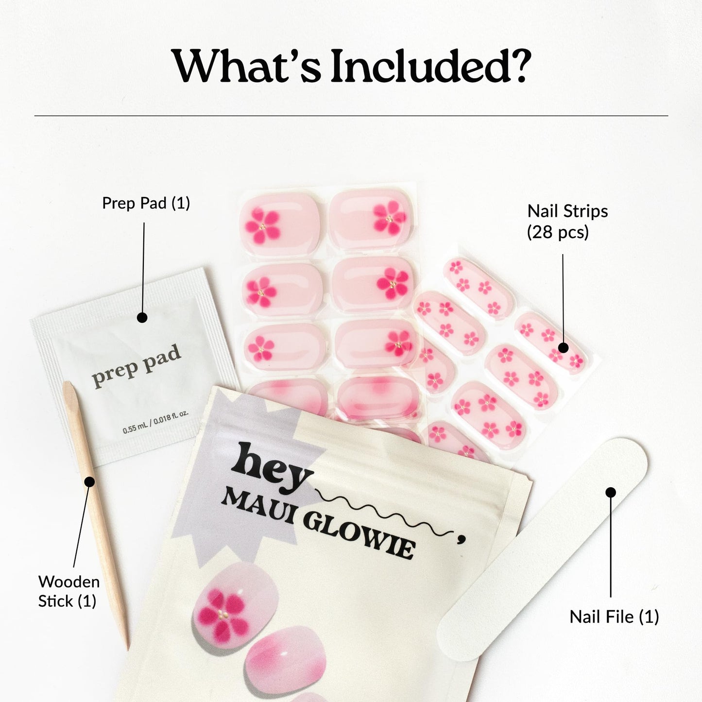 Heyhae Semi Cured Gel Nail Strips | No LED Lamp Needed |Pink, Floral | Easy Apply & Remove, Salon Quality | Includes 28 Strips, 2 Prep Pads, Nail File & Wooden Stick - Hey, Maui Glowie