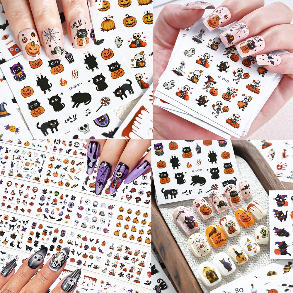 30 Sheets Halloween Nail Stickers for Nail Art, 3D Self-Adhesive Pumpkin Cat Nail Decals, Spider Bloody SkullNail Supplies Design Accessories for Women and Girls Manicure DIY Decoration
