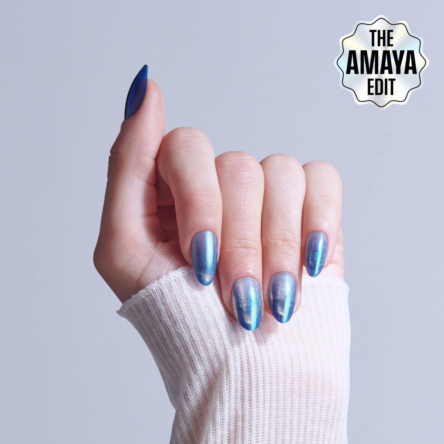 Kiss Glam, Press On Nails, Nail glue included, 'Glow Forever', Blue, Medium Size, Almond Shape, Includes 32 Nails, 2g Glue, 1 Manicure Stick, 1 Mini File