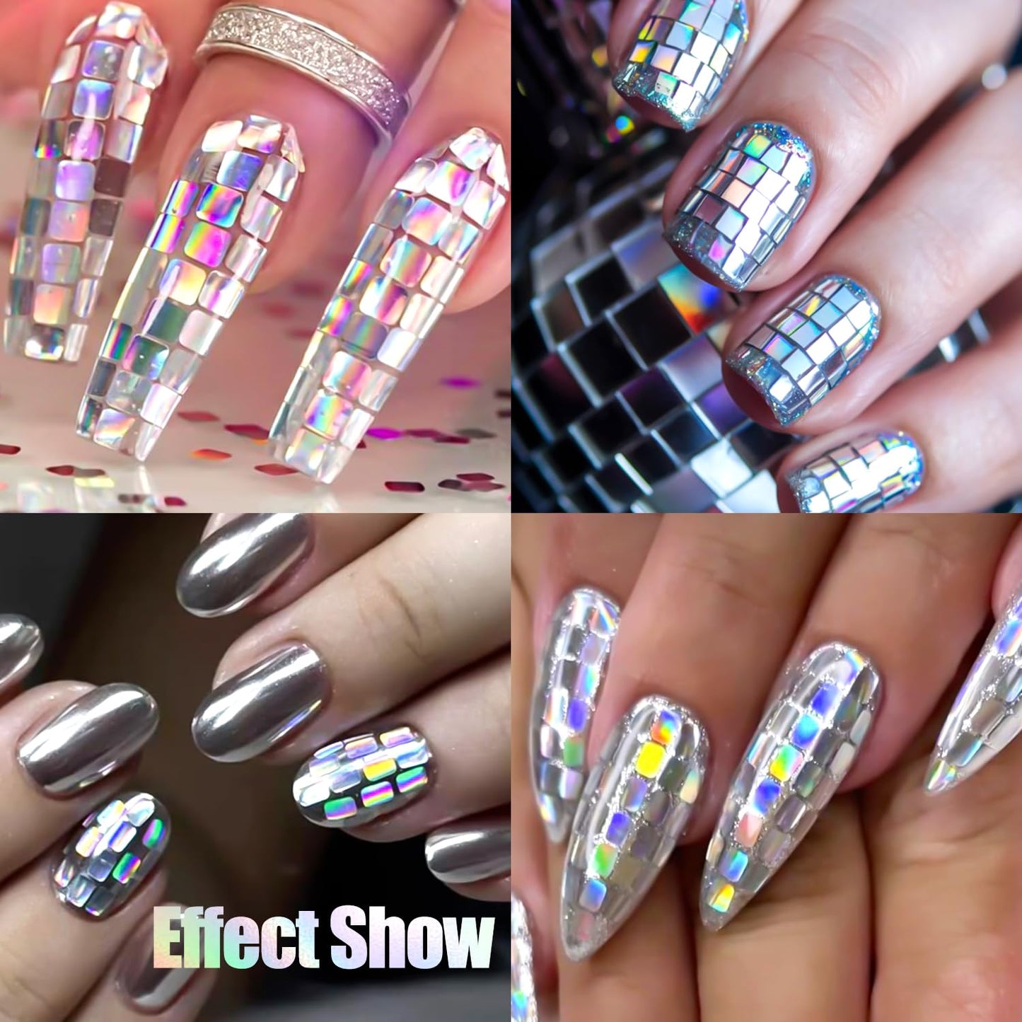 Laser Square Nail Glitter Flakes, Holographic Silver 3D Nail Sequins Rectangle Shape Sparkly Paillettes Acrylic Nail Charms Supplies for Women Girls Manicure Decorations