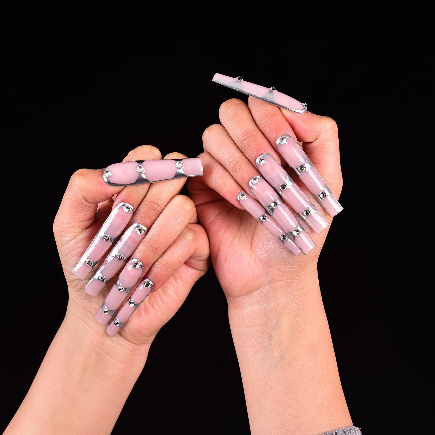 Tmani 10pc/set Extra Long Handmade Press On Nail Hot Girl's Long Ballet Square Nail Full of Diamond Glitter Decoration Fake Nails Suitable For Girls Festival Parties and Birthday Gift（096,Size-L)