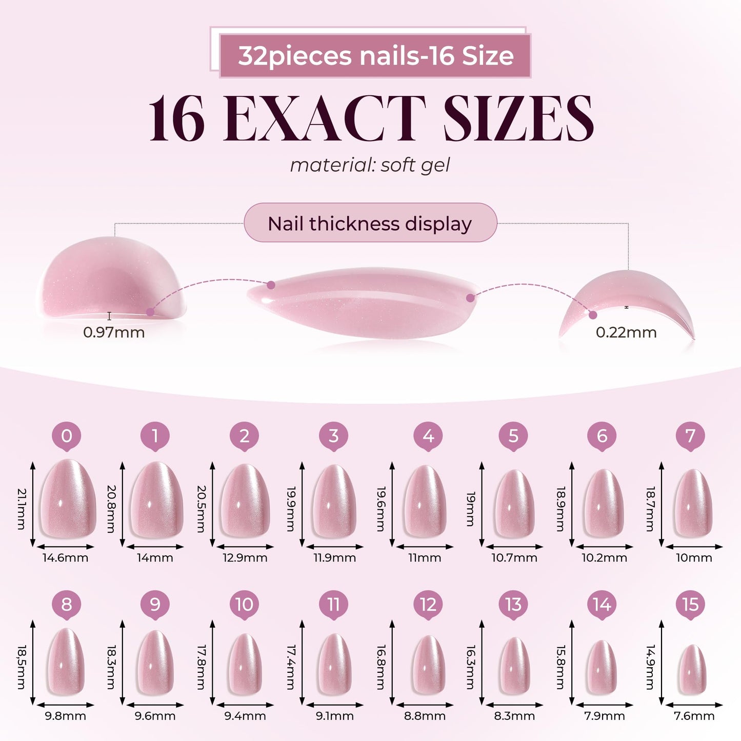 UNA GELLA Cat Eye Press On Nails: Almond Soft Gel Press Ons Short Kit with Nail Tips Glue on Nails, 16 Sizes - 32 Reusable Chrome Fake Nails Kit, Pink Rose