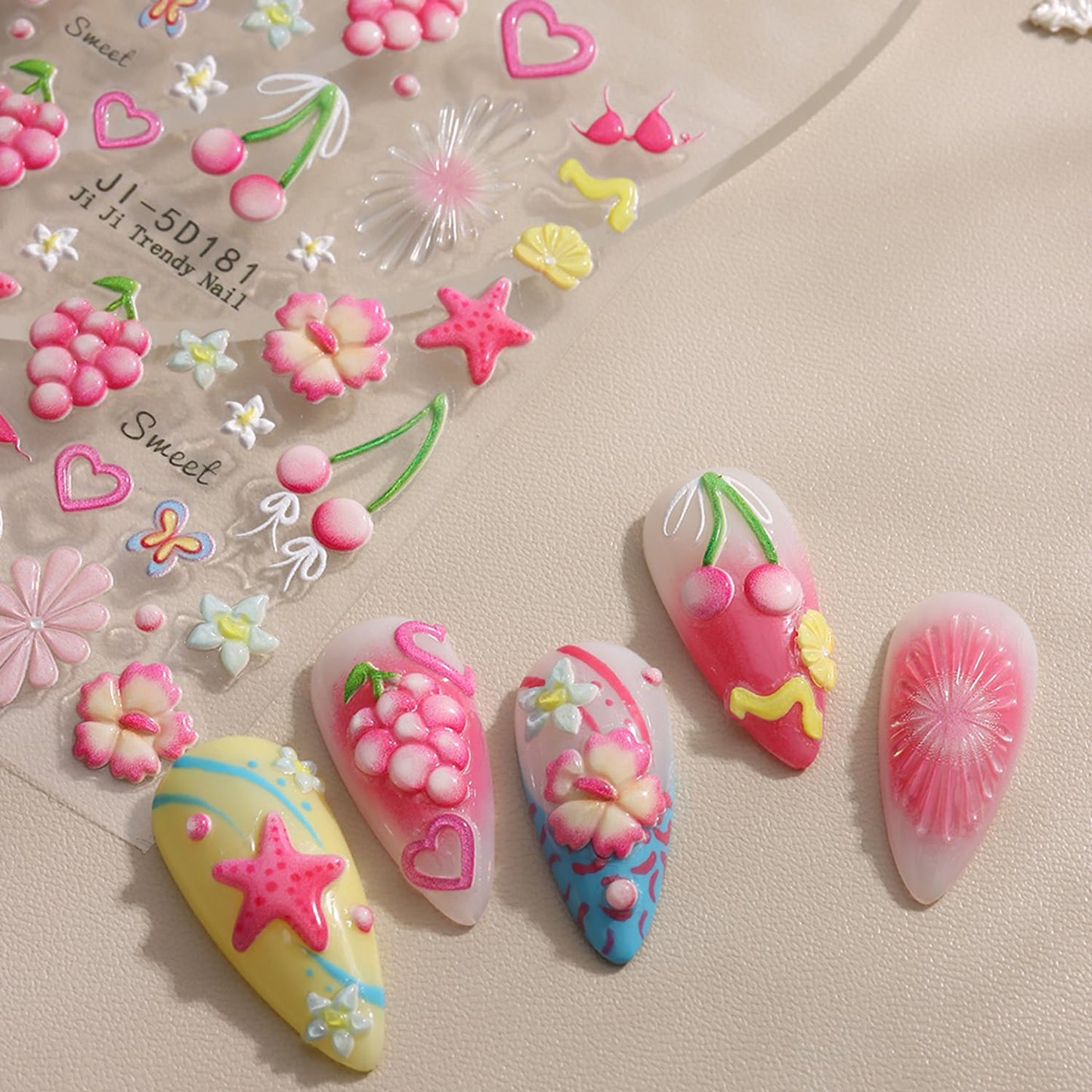 1pcs Summer Nail Stickers for Nail Art Embossed Nail Decals 5D Flowers Dolphins Starfish Shell Jellyfish Mermaid Tail Design Butterfly Lemon Nail Stickers Ocean Beach Acrylic Nail for Women