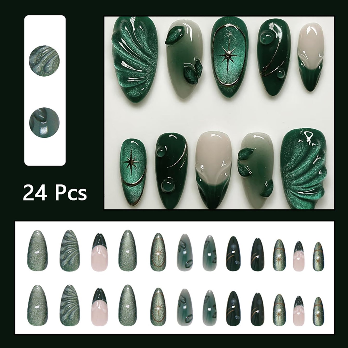 24Pcs Green Press on Nails Medium Almond Fake Nails with 3D Leaves Designs Spring False Nail Reusable Green French Tip Acrylic Nails Glossy Silver Star Full Cover Glue on Nails for Women