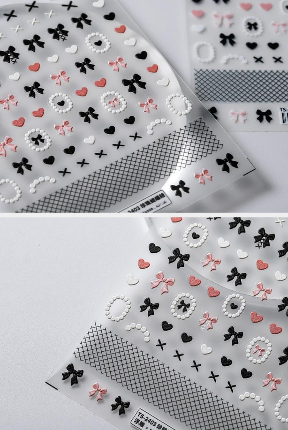 5D Embossed Black Bows Nail Stickers Pink White Heart Nail Art Stickers Ribbon Nail Decals Self-Adhesive Spring Nail Sticker Valentines Nails Supplies for Women Girls DIY Manicure