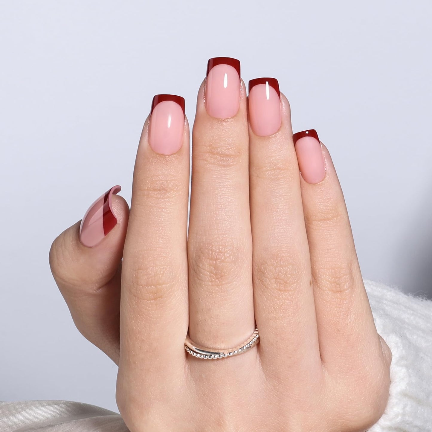 Red French Tip Press On Nails Square - Short Square French Tip Fake Nails with Nail Glue, Red Press On Nails Opaque Reusable Stick On Nails in 16 Sizes - 32 Nail Kit for Women & Girls | Salon Quality