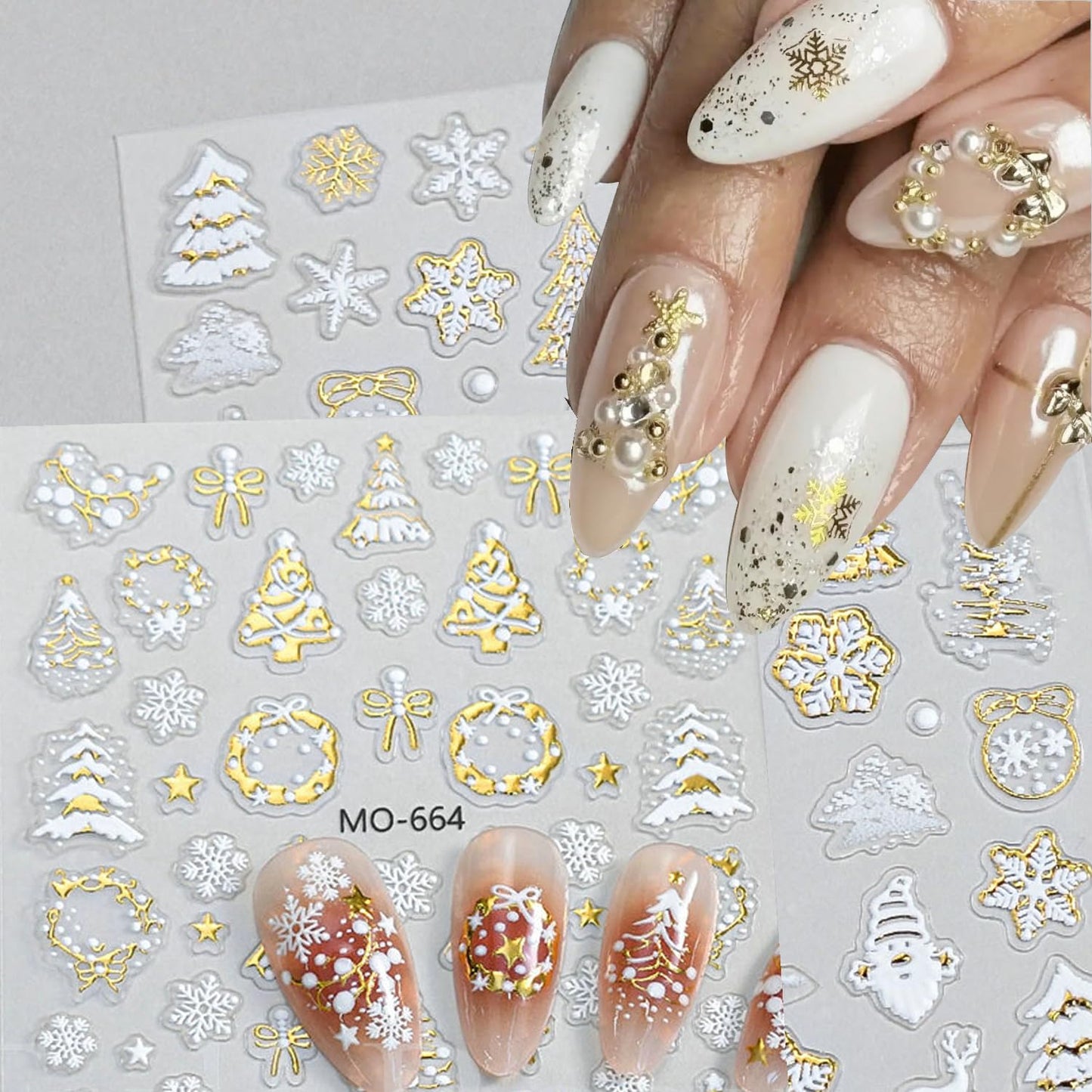 3Pcs 3D White Christmas Nail Stickers Embossed Nail Decals with Gold Glitter Xmas Tree Snowman Snowflakes Elk Design Winter Xmas Nail Art Decoration Supplies Holiday Nail Sticker for Women