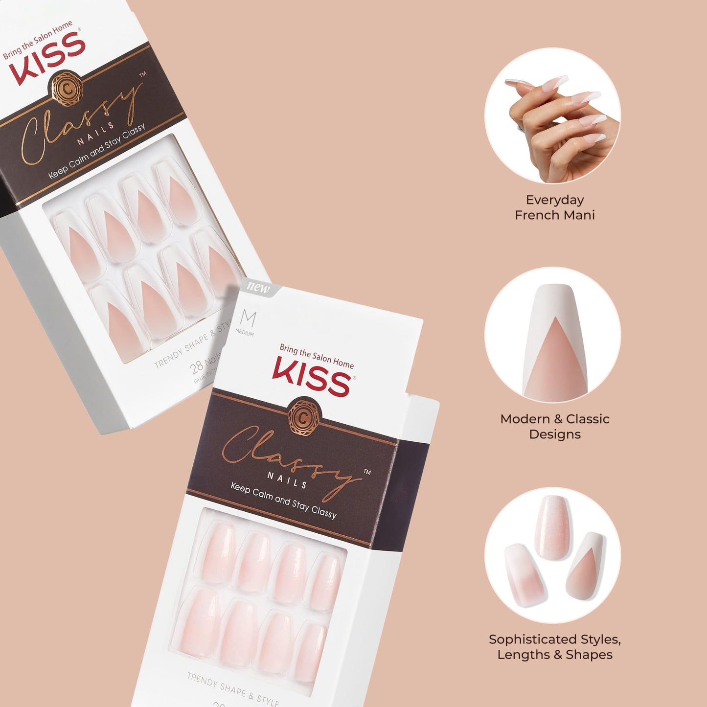 KISS Classy, Press On Nails, Nail glue included, 'Stay Charmed', White, Medium Size, Square Shape, Includes 28 Nails, 2g glue, 1 Manicure Stick, 1 Mini File (Pack of 2)