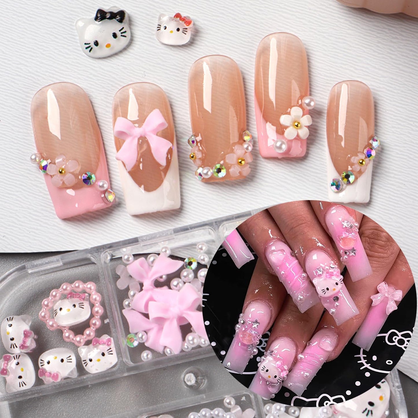 6Girds/Box Cartoon Nail Art Charms Set, 3D Cute Nail Rhinestones Charm Nail Bow and Heart 3D Flowers for Nails Design, Gems Pearls Nail Jewelry DIY Crafts Nail Art Accessories Manicure Tools