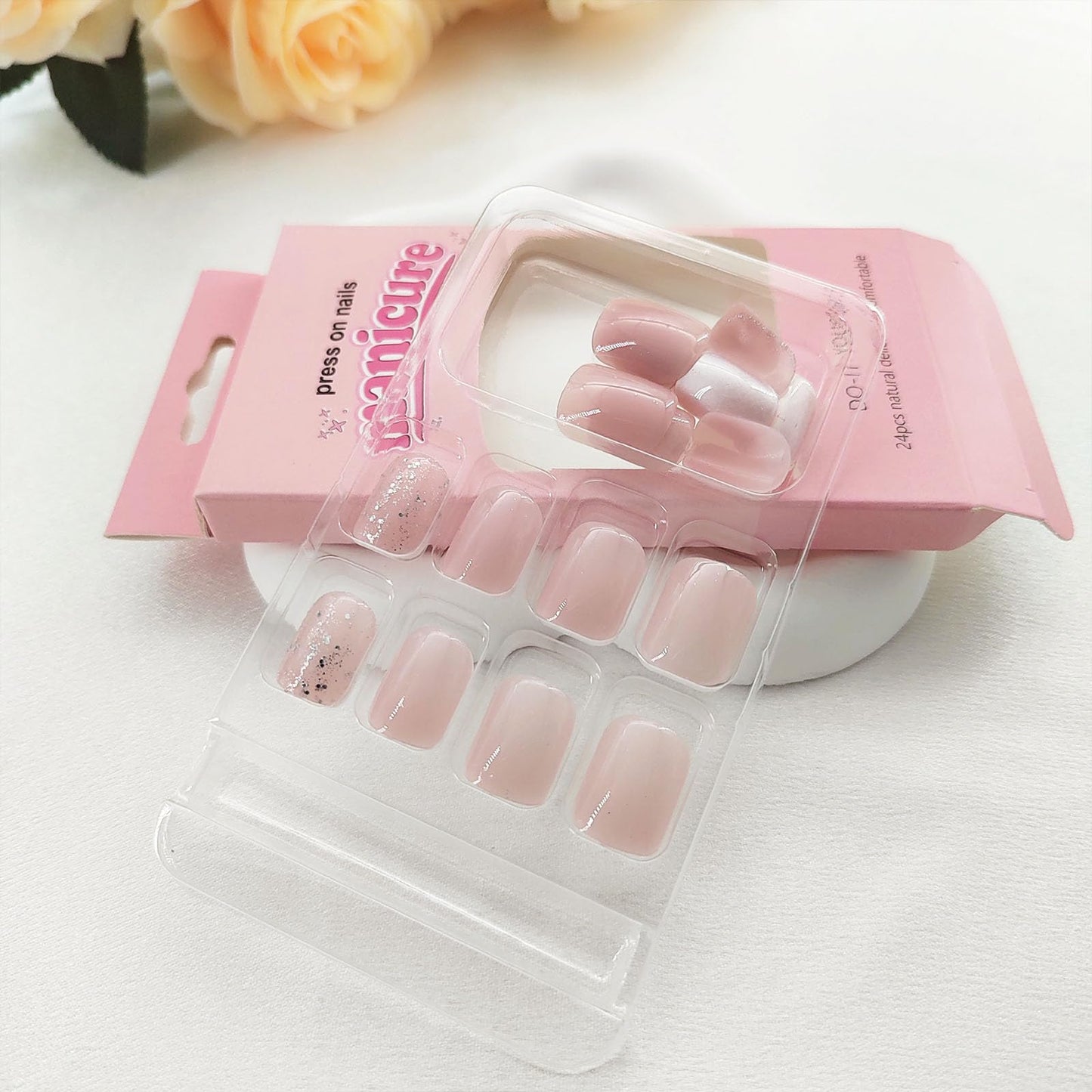 Square Press on Nails Short Clear Light Pink Glitter Fake Nails Fashion Design Acrylic Gel Fake Nails Kit Nude Pink Nails Press ons Natural Fit Nail Art Kit 24 Pcs