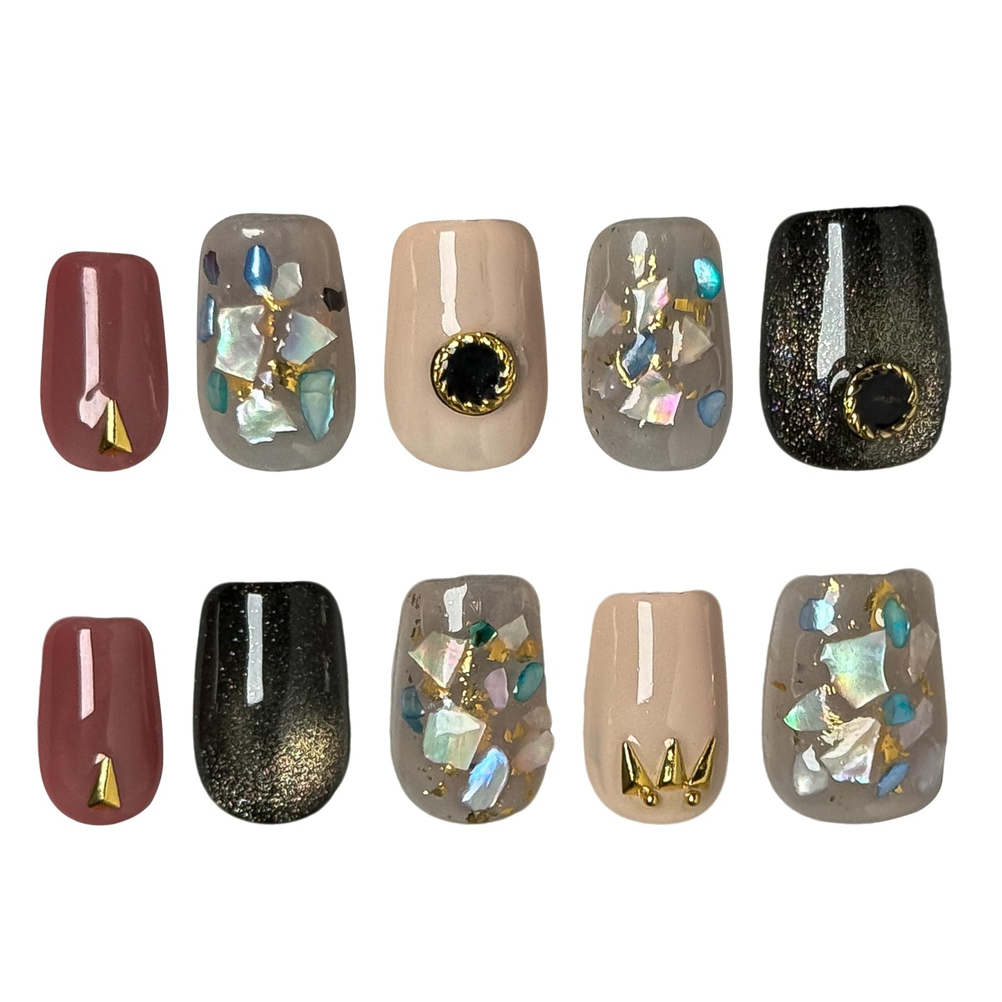 Midnight Gem 10PCS Press On Nails Set, Black-to-Gold Gradient & Mixed Design Glam Fake Nails, Acrylic/UV Gel Luxury Gem Press-Ons for Women, Fall Winter Neutral Glam Nail Kit (Multicolor, S)