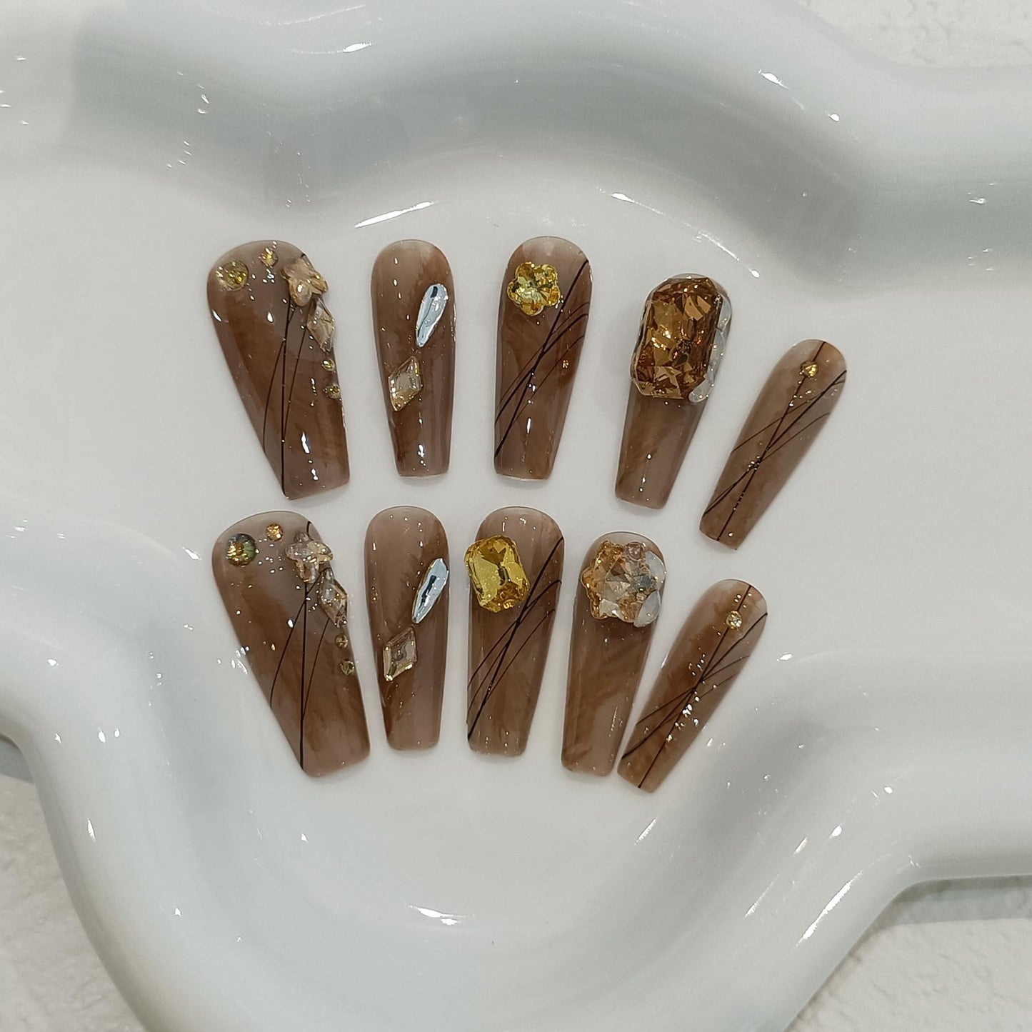 TENPAL 10PCS Long Coffin Press on Nails with Tools Kit - Autumn Woodland Hand-Painted Design Fake Nails | Rustic Brown Gold Leaf & Crystal Glue on Nails | Long Fall Nails for Sweater Weather(XS)