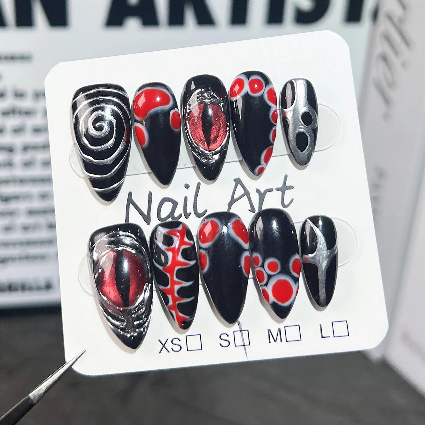 Handmade 3D Dark Anime Red Black Stiletto Press On Nails, Spiral Metallic Stream Artisan Nails Set, Reusable Glossy Press-ons with Tool Kit (S)